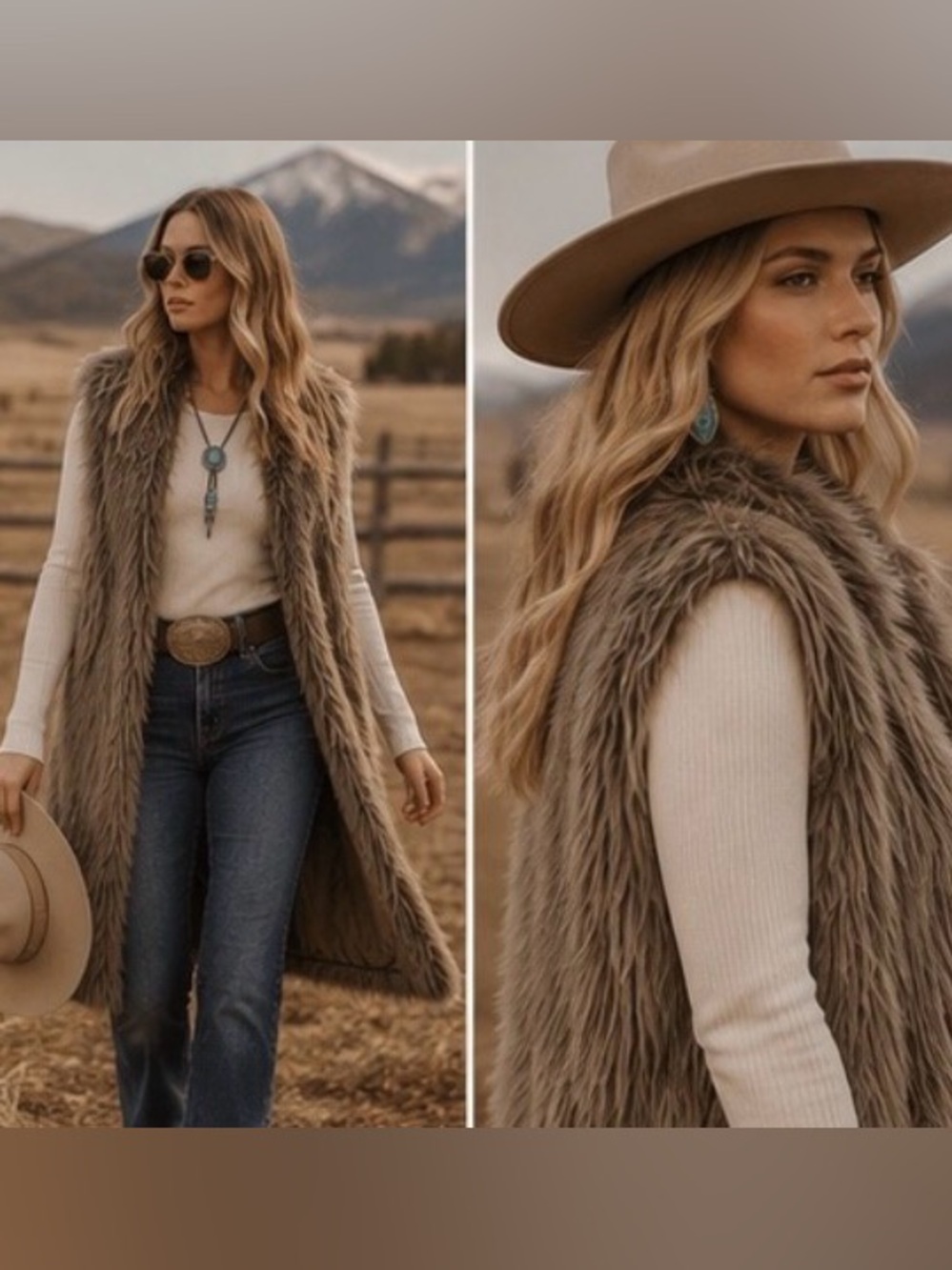 NWT Long Faux Fur Vest | Taupe Gray | Sleeveless Duster | Audrey Lane